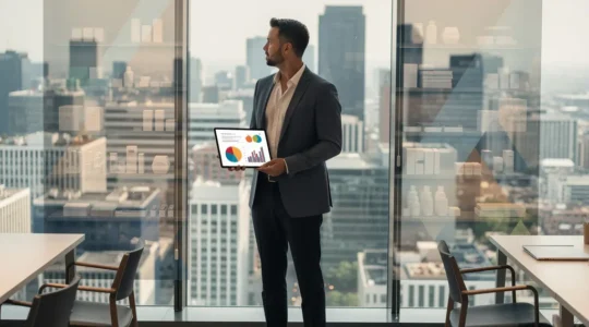 Area manager analyzing financial reports while overseeing multiple retail locations