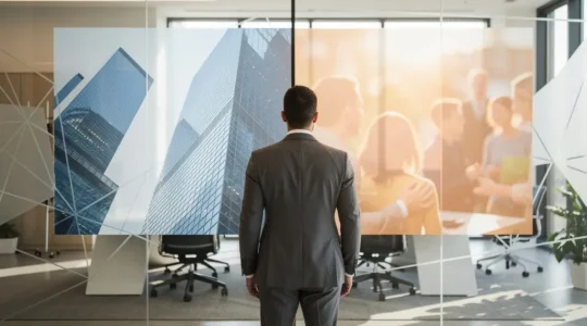 Franchise business owner examining brand recognition versus local marketing strategies in modern office setting