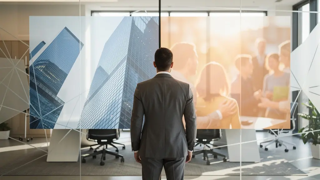 Franchise business owner examining brand recognition versus local marketing strategies in modern office setting