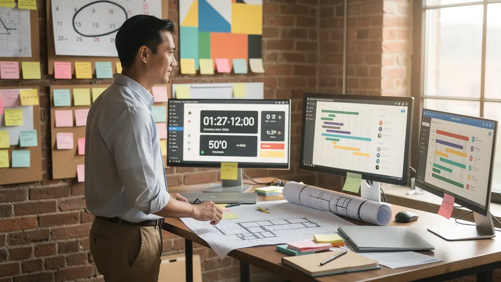 Entrepreneur standing at desk with multiple project timelines and task boards visible in modern office space