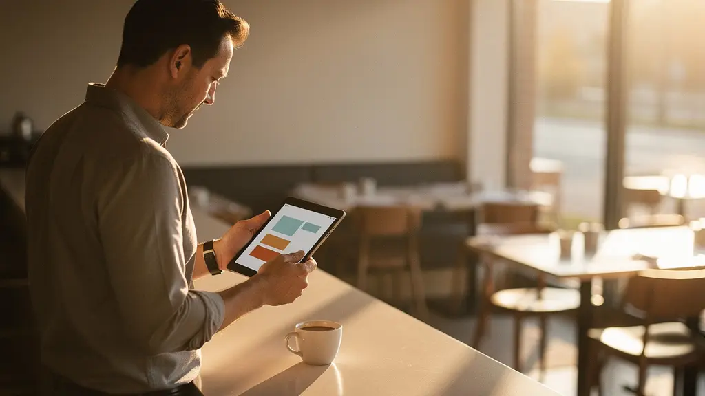 Restaurant owner analyzing financial data on tablet during morning review