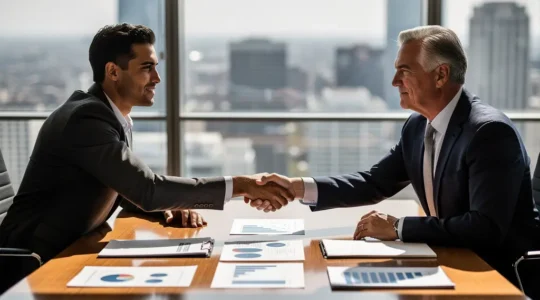 Professional business meeting between entrepreneur and banker in modern office