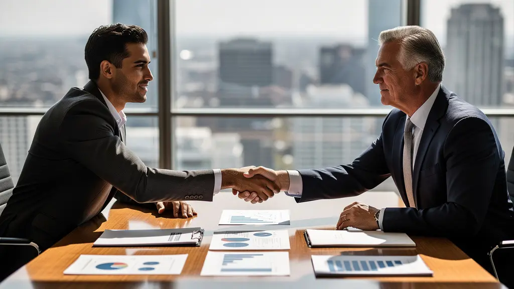 Professional business meeting between entrepreneur and banker in modern office