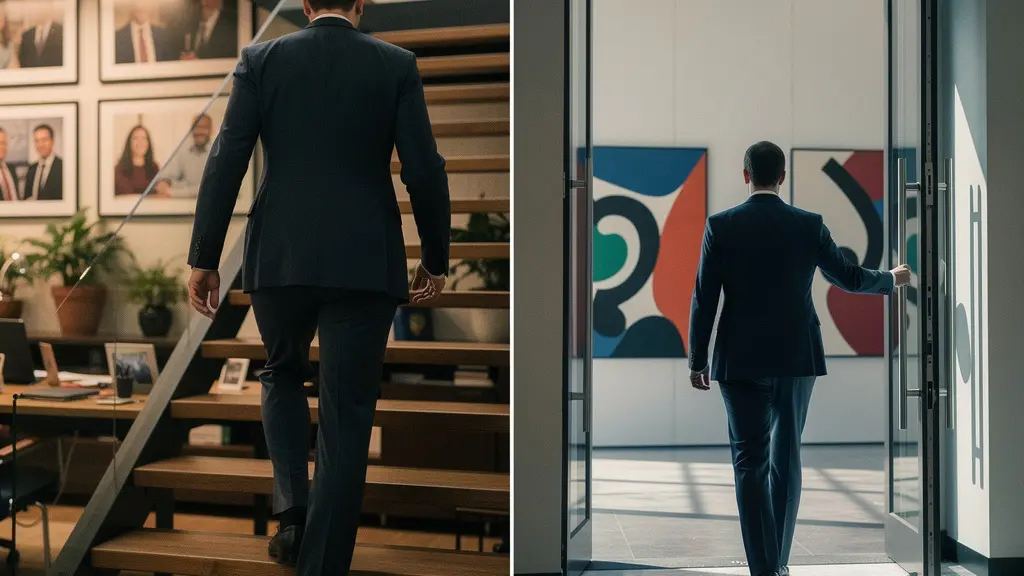 A split image showing two career paths: one person climbing an internal staircase and another entering a new office through a grand door.