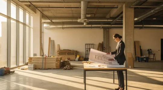 Business professional analyzing architectural blueprints and financial documents in a modern office space under construction