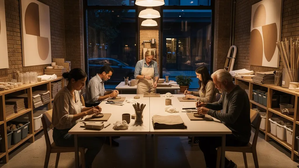 Evening workshop in a cozy local business space with engaged participants