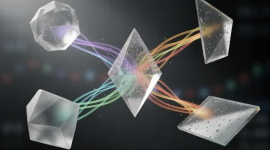 Multi-dimensional business financial data visualization showing interconnected business units with flowing data streams