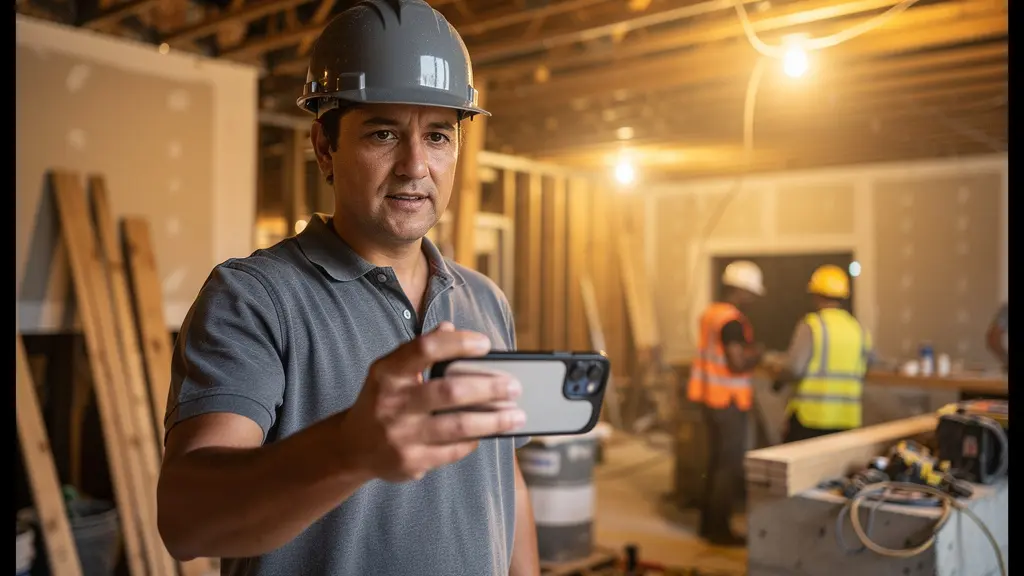 Business owner recording behind-the-scenes construction update video in partially finished space