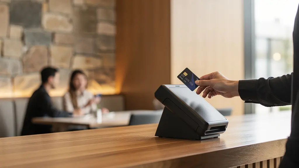 Modern contactless payment terminal in restaurant environment