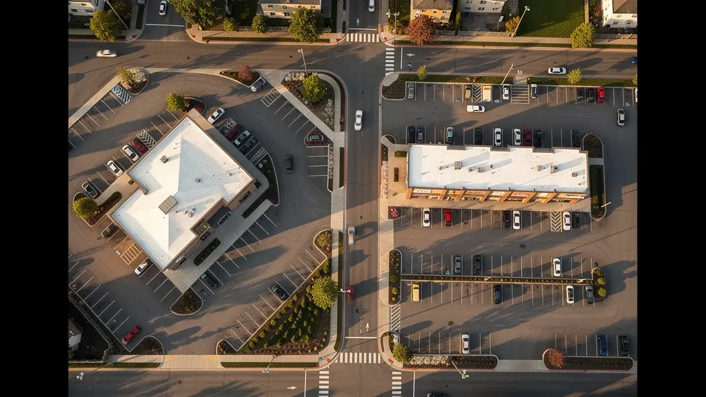 Aerial view comparing corner lot and strip mall traffic patterns