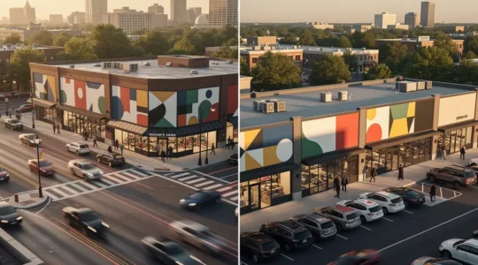 Split-view showing a corner lot retail property versus a strip mall location with traffic patterns and customer flow