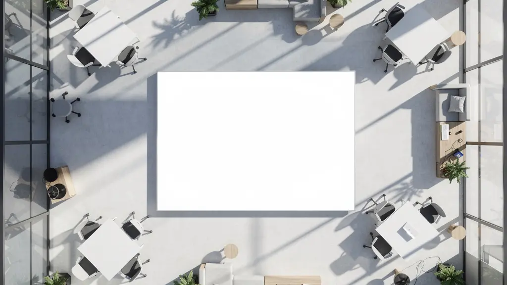 Aerial view of modern open office layout with designated collaboration zones and private work areas