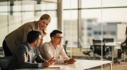 Professional team members actively engaged during corporate training session in modern office environment