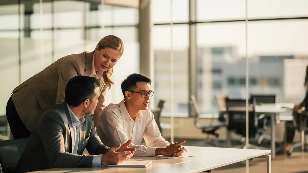 Professional team members actively engaged during corporate training session in modern office environment