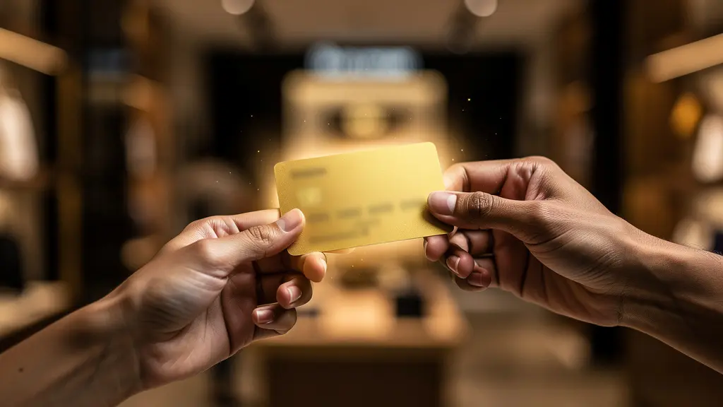 Happy customer receiving exclusive membership card at store counter