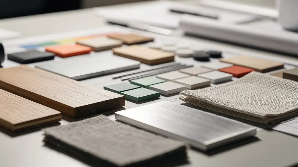 Close-up view of construction timeline calendar with color-coded milestones and material samples