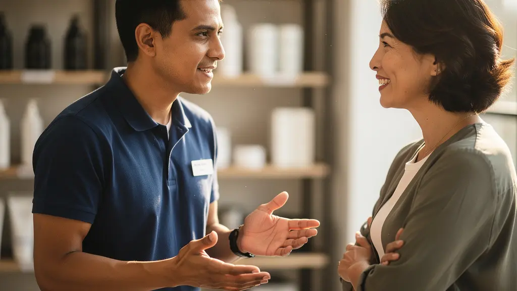 Retail employee confidently assisting a customer with a flexible solution, demonstrating empowerment.
