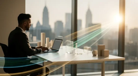 Professional entrepreneur studying multiple funding pathways in modern office environment