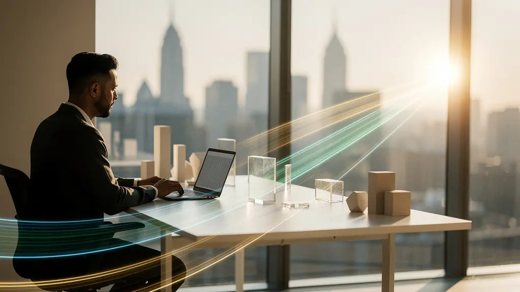 Professional entrepreneur studying multiple funding pathways in modern office environment