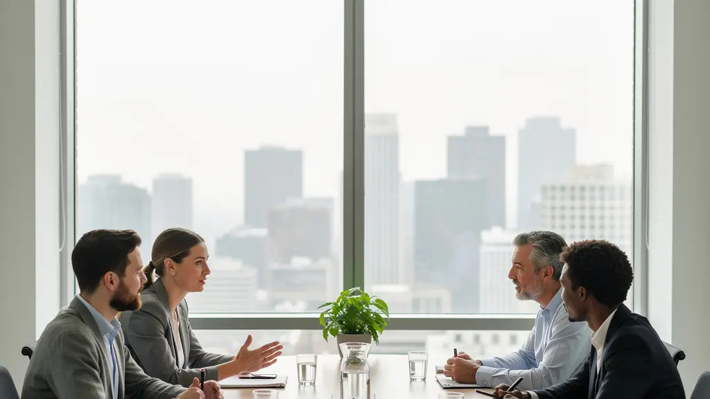 Wide shot of business professionals in collaborative meeting space