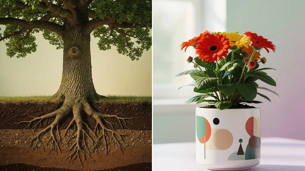 Split composition showing an established service business represented by an oak tree on the left versus a trendy retail concept represented by a modern flowering plant on the right.