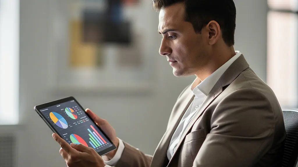 Business executive analyzing franchise performance metrics on tablet in modern office