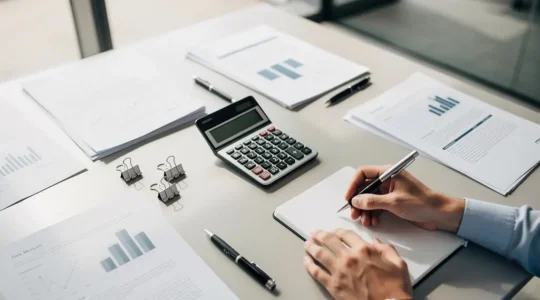 Business professional analyzing franchise disclosure documents with financial reports and legal papers spread across a conference table