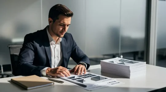 Business professional evaluating franchise investment options with financial documents and comparison charts