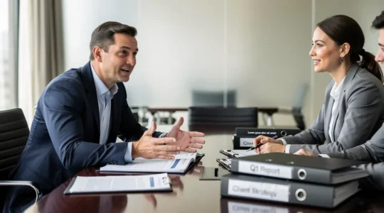 Entrepreneur negotiating franchise financing terms with bank executives