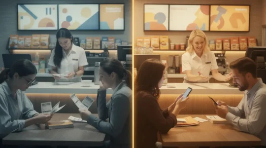 A franchise business environment showing the transformation from discount hunters to loyal customers