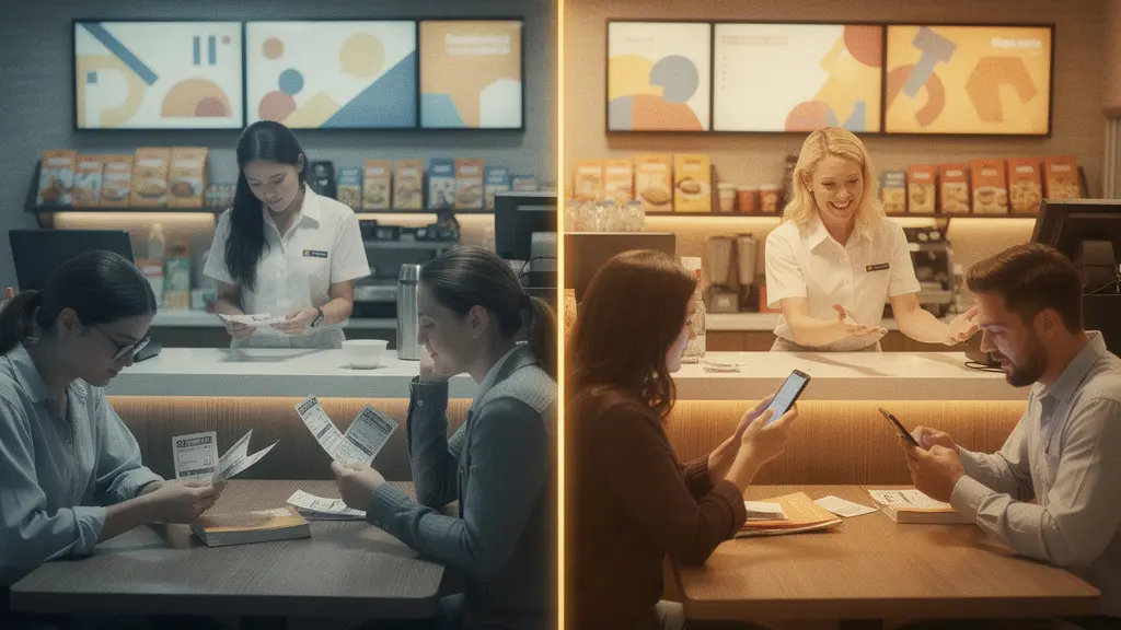 A franchise business environment showing the transformation from discount hunters to loyal customers