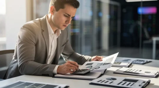 Business professional analyzing franchise technology costs at modern office