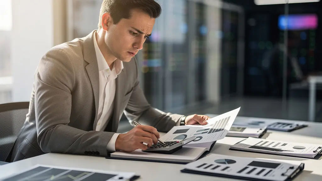 Business professional analyzing franchise technology costs at modern office