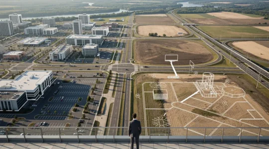 Business professional analyzing territory maps for franchise expansion opportunity