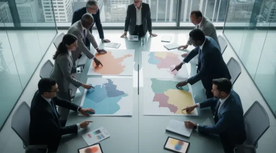 Business professionals planning franchise territory expansion in modern office setting