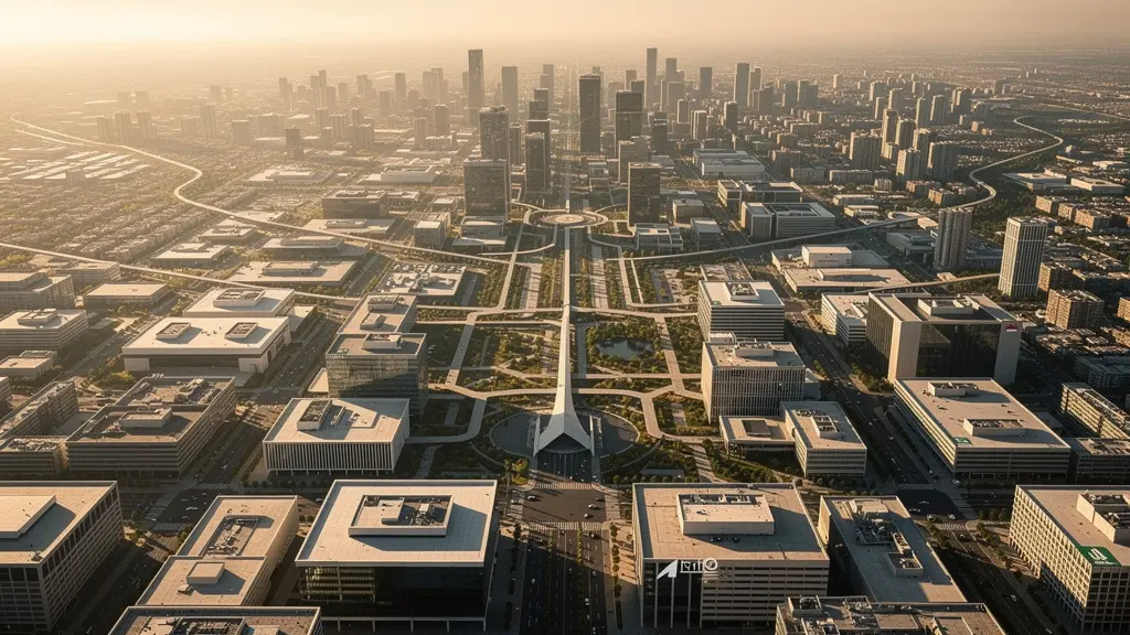 Aerial view of urban commercial district showing territory boundaries and development potential