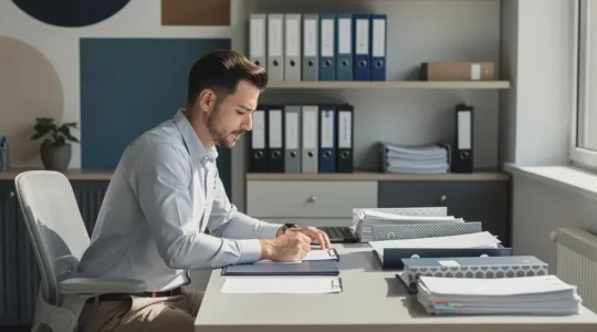 Professional franchisee examining brand compliance documentation in modern office setting