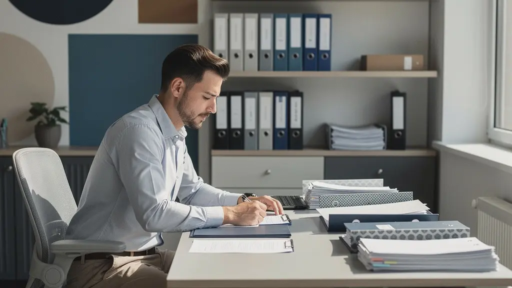 Professional franchisee examining brand compliance documentation in modern office setting