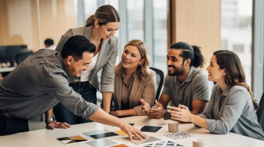 Franchisees discussing cooperative purchasing strategies in modern conference room