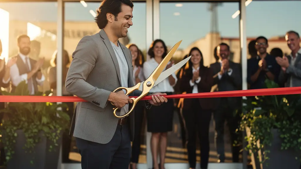 Business owner cutting red ribbon at grand opening ceremony surrounded by excited customers and staff