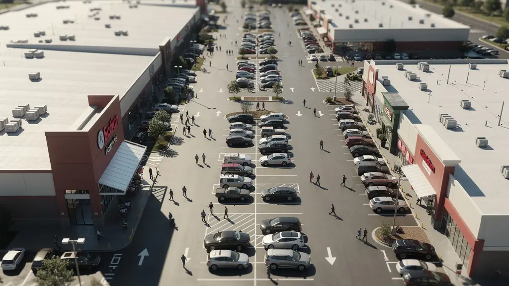 Aerial view of a grocery-anchored shopping center showing customer flow patterns and parking density