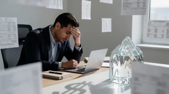 Business executive analyzing financial documents with calculator highlighting unexpected franchise expenses