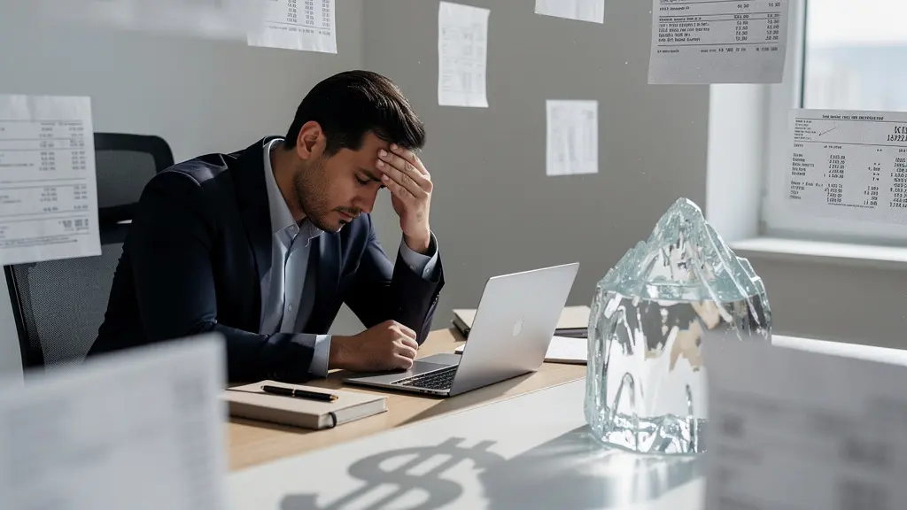 Business executive analyzing financial documents with calculator highlighting unexpected franchise expenses