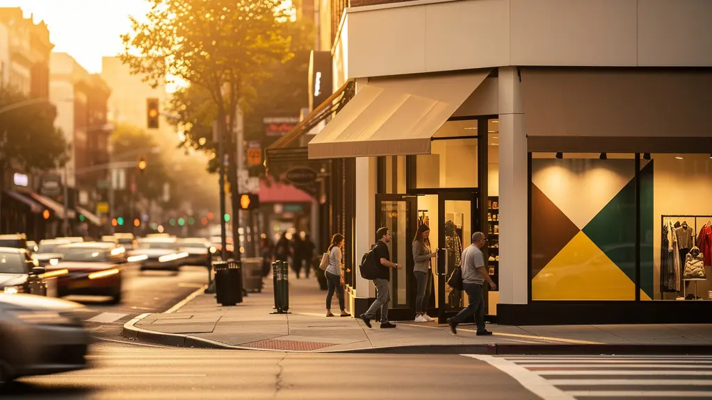 Corner retail property at busy intersection showing multiple lanes of traffic and prominent storefront positioning