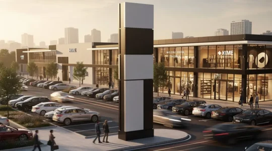 Bustling shopping center with prominent pylon signage and illuminated storefronts showing high-traffic retail location