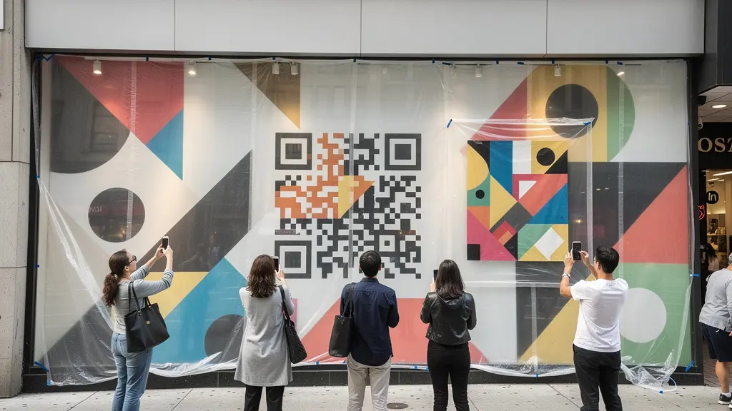 Storefront with creative coming soon signage featuring QR code and community engagement elements