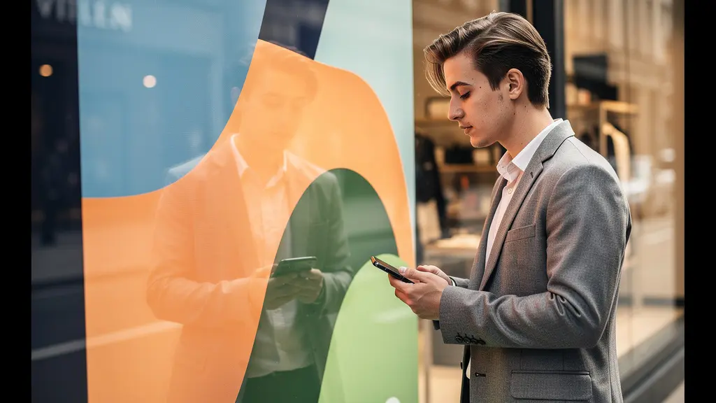 Modern retail storefront with creative window graphics featuring geometric patterns and customers engaging with interactive elements