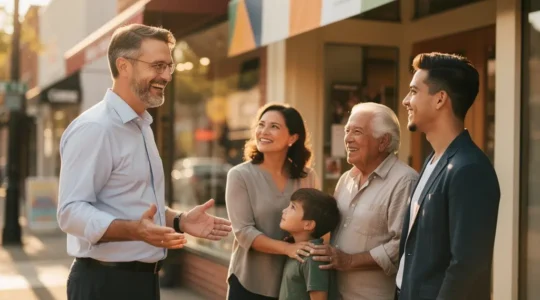 Business owner shaking hands with community members in front of local storefront