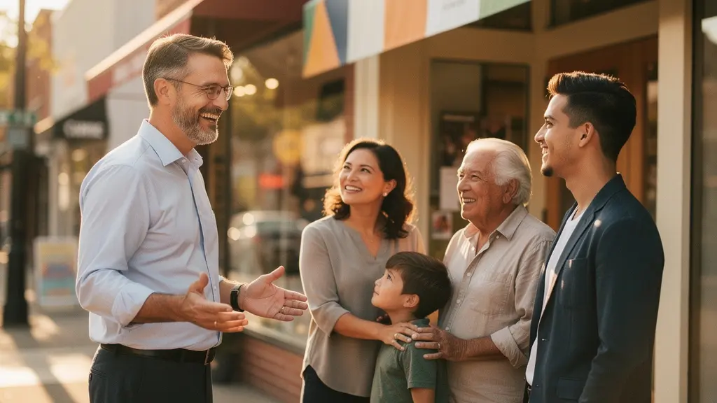 Business owner shaking hands with community members in front of local storefront