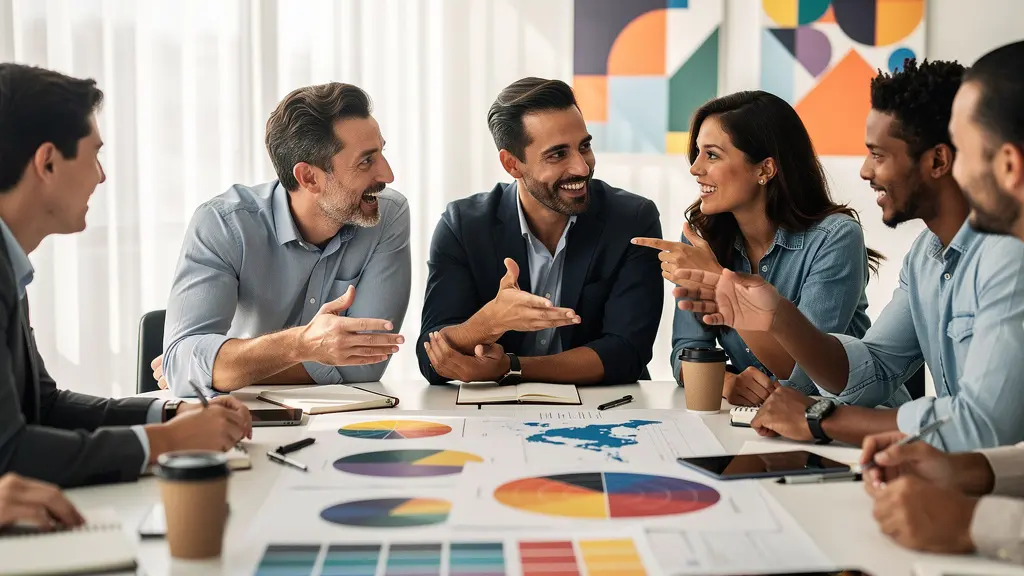 Marketing team implementing local echo strategy around national advertising campaign in modern workspace